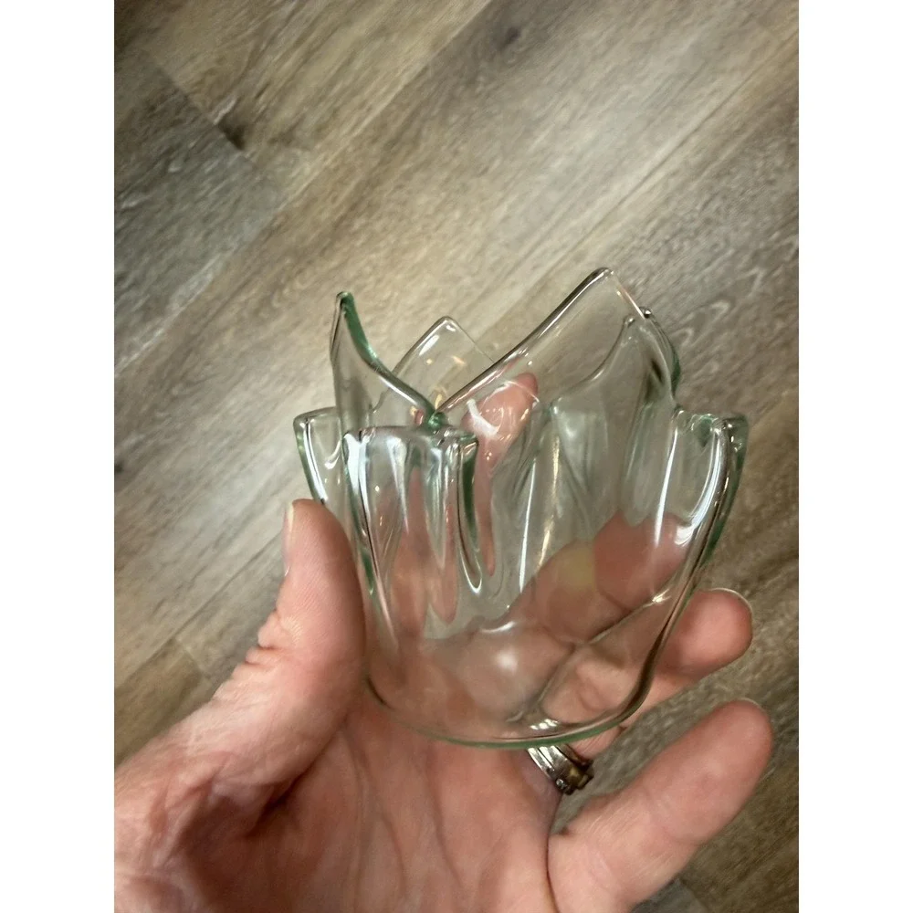 Green Rim Hand Blown Art Glass Tulip Fold Small Vase Votive Candle Holder Decor
